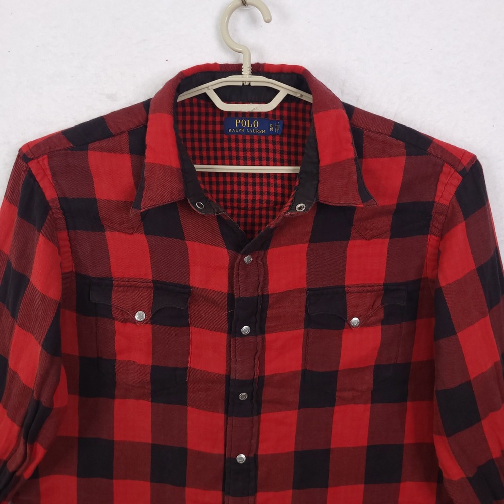 Polo Ralph Lauren Western Shirt Mens XL Red Black Buffalo Plaid Pearl Snap